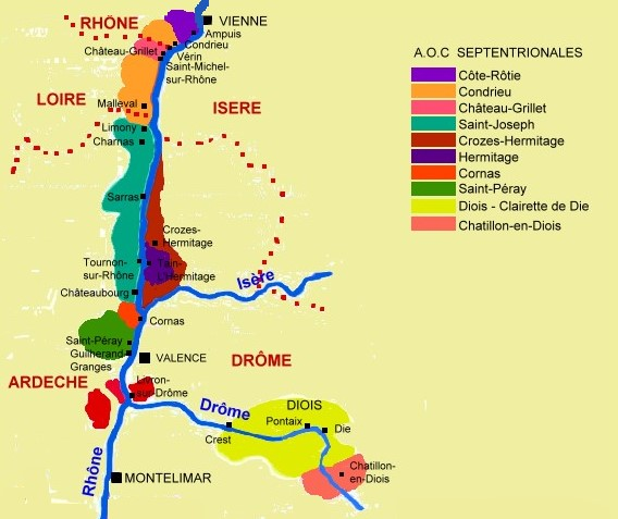 carte des régions viticoles des côtes du Rhône septentrionales 